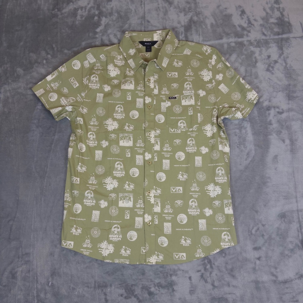 RVCA Button Down Shirt Mens Large Green Nature vs Industry Graphic Short Sleeve